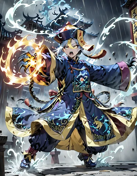 A jiangshi strikes with its sharp claws in a fierce action scene. Its cold, pale eyes glow with an eerie light as it lunges forward, aiming for its target. The sharp claws slice through the air, leaving a vivid trail of motion. Mist swirls around the scene...