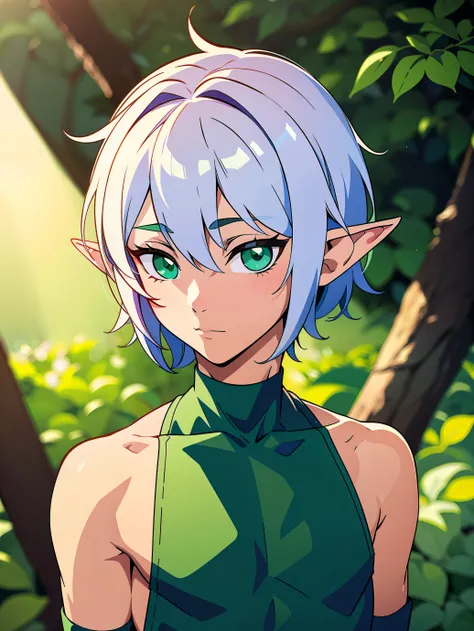 Highres, Masterpiece, Best quality at best,Best Quality,hight quality, hight detailed, 1boy, Symmetrical Eyes, CFemboy, White hair, green eyes, Elf boy, elf ear, elf forest, wearing revealing clothes, (Upper body), bare shoulder, Spotlight on shoulders, an...