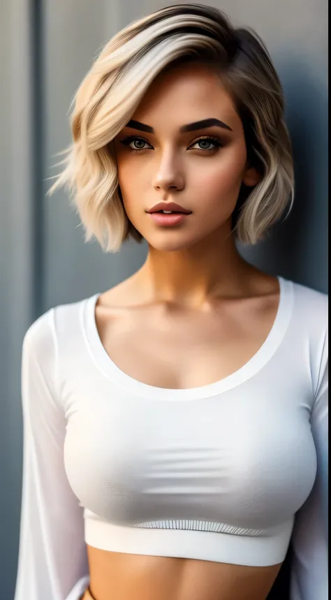 Amazing portrait of a sexy woman with her short hair in a bob style with her soft gentle eyes gazing at us seductively with her perfect lips parted wearing a tight white full sleeved crop top showcasing her medium chest and denim shorts showing her voluptu...