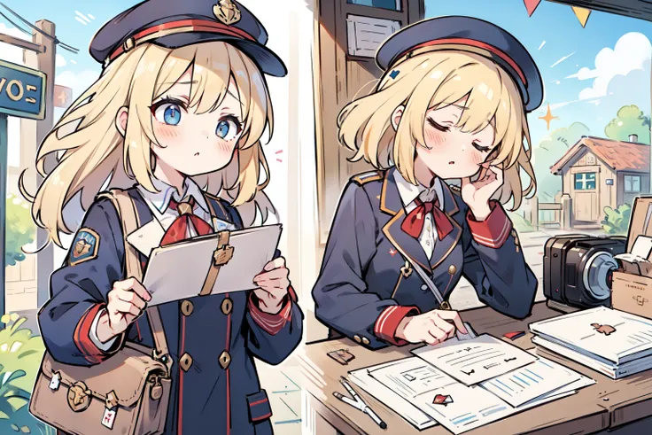 Postman Girl, blonde, postman uniform, postman hat, bag of letters, holds a letter, hands a letter to the camera, tired, Tired, blush
