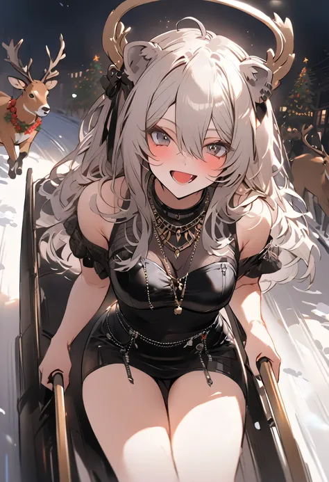 shishiro botan but winter themed, shishiro botan in a sexy black christmas outfit, shishiro botan riding a sled being pulled by raindeer, shishiro botan from hololive in a sexy black outfit in a winder christmas themed setting, extremely highly details and...