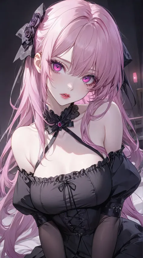 anime girl with pink hair and black top posing for the camera, human anime girl, guweiz, artwork in the style of guweiz, gapmoe yandere grimdark, seductive anime girl, gothic maiden anime girl, anime girl, anime illustration, digital anime illustration, an...