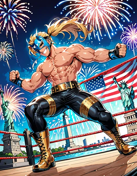 (masterpiece), (best quality), (hires), solo, solo focus, 1male, professional wrestler, mask, American, muscular, flexing his muscles, daytime, waistbands, boots, long tights, gold belt, blonde hair with black accents, cyan eyes, ponytail, perspective, sta...