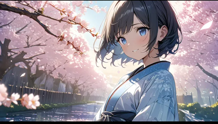 one girl, black short hair and bob hair、beautiful blue eyes、smile、gentle smile on her face、flat chest, one Beautiful girl,((masterpiece, illustration, best quality) ((ultra-detailed))Sunny day, standing under the cherry blossoms, Clothing、Japanese dress、Wh...