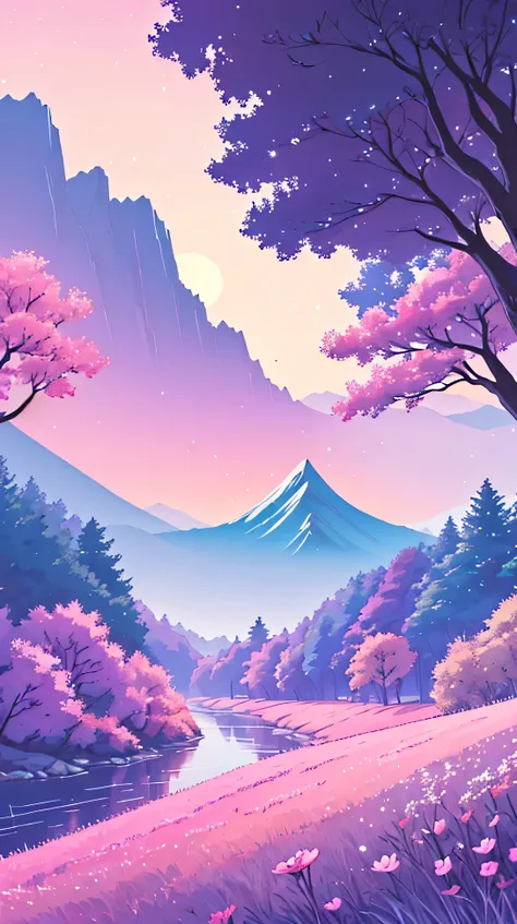 /imagine prompt: Viral anime nature wallpaper in 4K quality, in the style of photography with a 35mm lens inspired by Mamoru Hosoda, capturing a tranquil mountain meadow at dawn, the sky a gradient of pink and purple, and a gentle mist rising from the grou...