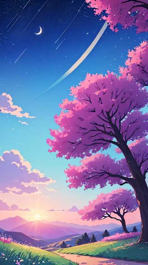 /imagine prompt: Viral anime nature wallpaper in 4K quality, in the style of photography with a 35mm lens inspired by Mamoru Hosoda, capturing a tranquil mountain meadow at dawn, the sky a gradient of pink and purple, and a gentle mist rising from the grou...