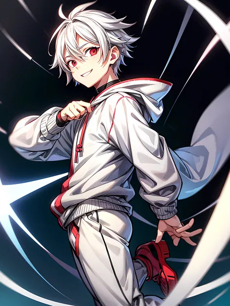 male character, vtuber style, white hair similar to Boruto, white hooded sweatshirt, Gray pants, appears to have , vibrant dark red eyes, bottomless, light smile