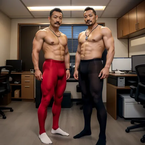 40 years old，Hidetoshi Nakata，（Kogoro Mori 1.3），Two men，Topless，muscle，office，Standing，foot，foot张开，stocking，chicken，shirt，网眼Tights，necklace，Lean，red，sock，Thick body hair，chest hair，Tights，underwear，Fortitude，HD，With a mustache