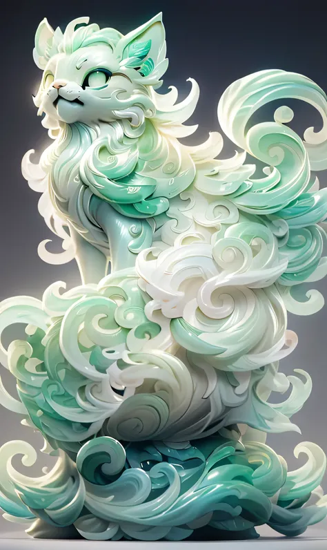 3d satue, in the shape of a cat, sitting, solo, alone, Bright gradient background, Dreamy colors, white, jade, (Transparent statue), florals, feathery fur, Big jade eyes, white colour, Open-mouth, laughing, masterpiece, absurdres,  (best qualtiy), full bod...