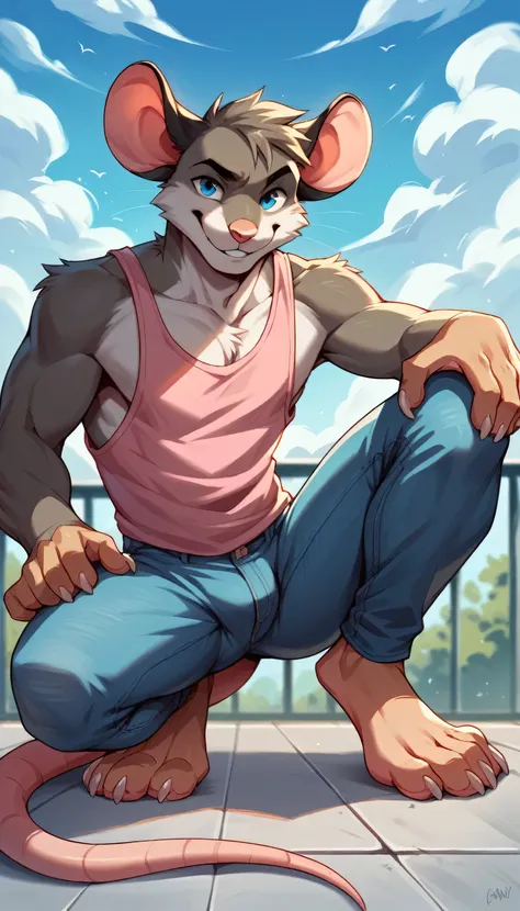 Gray male furry MOUSE with light pink tank top, jeans on the roof, squatting posture, looking at the viewer, Blue eyes, salivating, clawed feet, lump in crotch