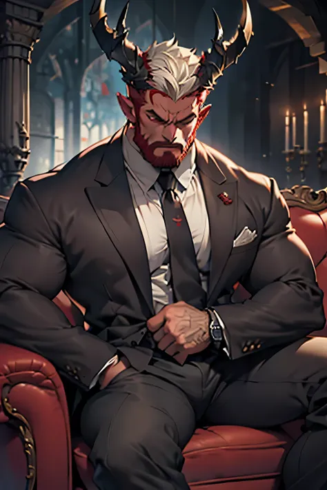 muscular demon, red skin, dark horns, serious tired look, wearing jacket and tie, sitting on sofa, digital art, hyper detailed, ...