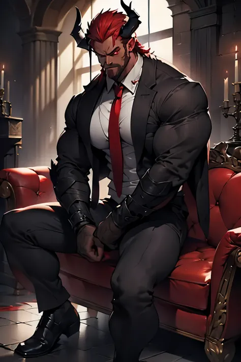 muscular demon, red skin, dark horns, serious tired look, red eyes, straight pose, black jacket, red tie, sofa, digital art, hyp...