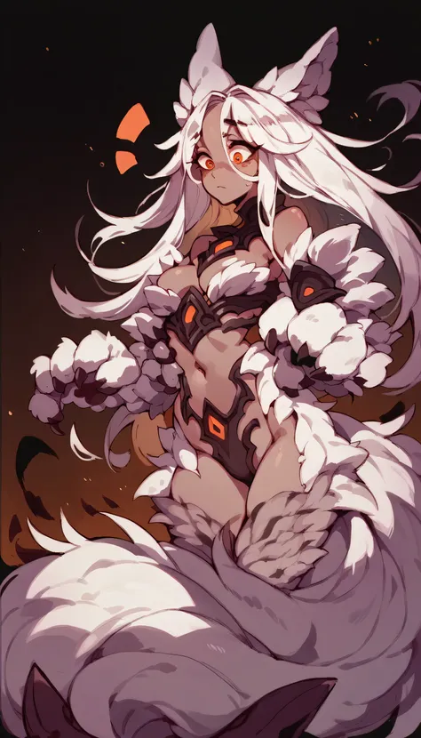 solo, focus, monster girl, furry, orange eyes, slim, medium breasts, thicc thighs, white fluffy body, messy long hair, fluffy ta...