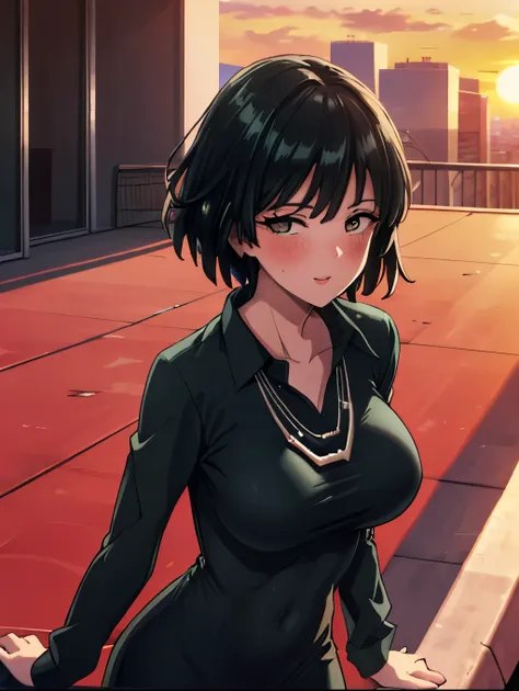 （（super high quality,））（（Ultra-high resolution,））（16k,）（super masterpiece,）（（Ultra HD ,））（Detailed shading,）Looking directly at the camera,Photo of your face,Rooftop with a sunset view,One sexy woman,Short black hair,Hair lifted by the wind,Very large brea...