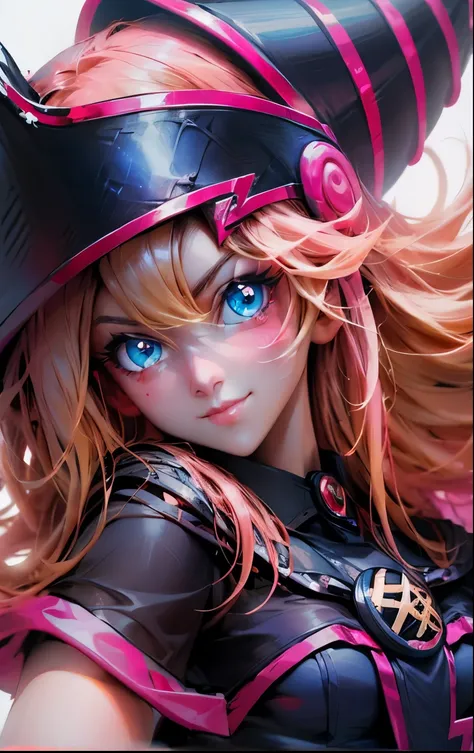 create the beautiful face of dark magician gils. blue eyes. pink lips. tez blanca. blond hair. tender girl smile.  dark wizard g...