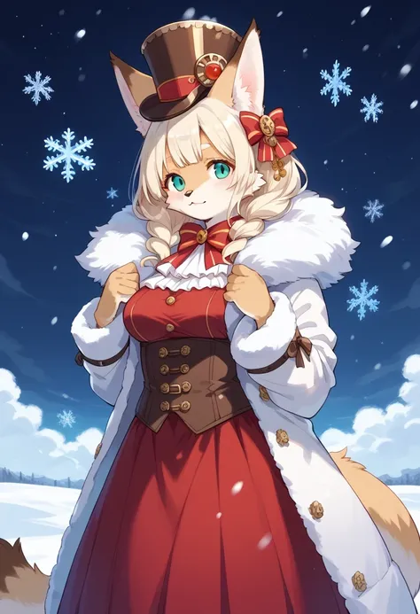 score_9, score_8_up, score_7_up, score_6_up, score_5_up, score_4_up, source_anime, best quality, masterpiece, 1 female, (anthropomorphic cat, furry, kemono), A steampunk woman in the snow, wearing an elegant white fur coat and a sophisticated steampunk hat...