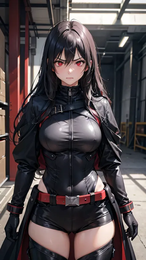 8k resolution,((Best Quality)),Ultra-high resolution,Adult women, Alone, sexy, (Angry expression), (Deep red eyes), A beautiful, symmetrical face, (Black messy long hair),Battle Coat,Combat body suit,Suit pants,Realistic:1.4,Realistic:1.4,(masterpiece:1.2)...