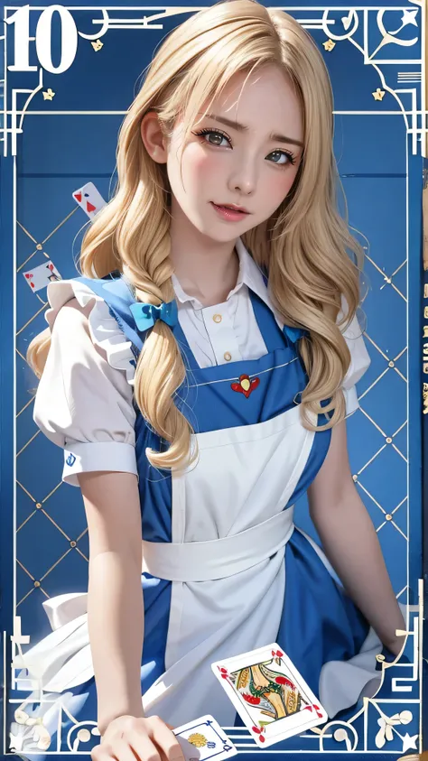 highest quality, ultra high resolution, realistic, cute girl pictures, detailed face, (Pueros face_V1:0.008), alice in wonderland, 13yo, blonde wavy hair, white apron, blue clothes, playing card pattern background, no makeup