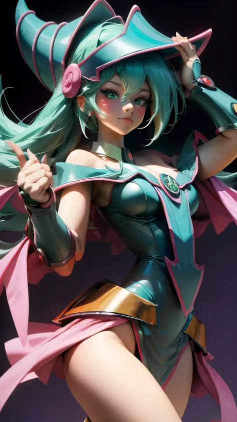 Hatsune Miku disguised as dark magician gils. Sensual and seductive pose. magic background 