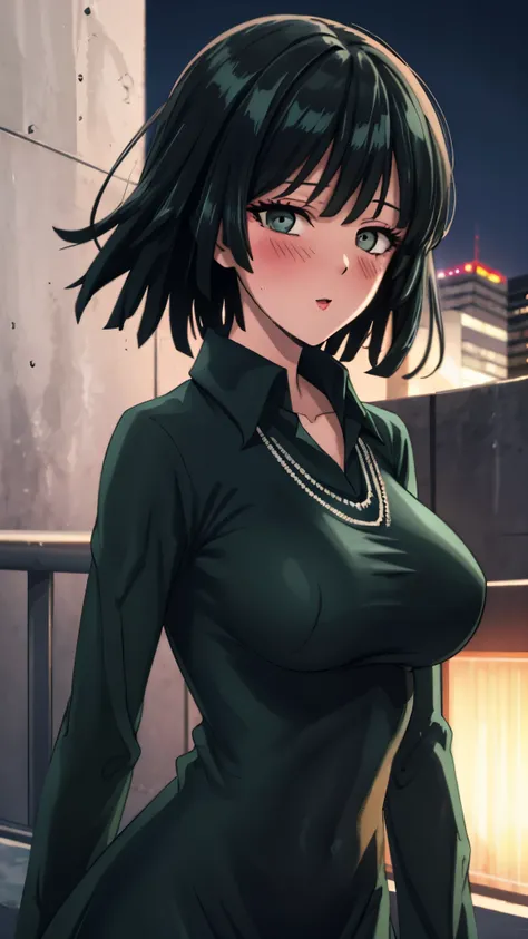 （（super high quality,））（（Ultra-high resolution,））（16k,）（super masterpiece,）（（Ultra HD ,））（Detailed shading,）Looking directly at the camera,Upper body photo,Rooftop with a night view,One sexy woman,Short black hair,Hair lifted by the wind,Very large breasts...