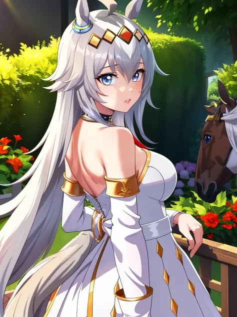 (Best Quality), 8K wallpaper, Alone, Horse Girl,Game CG, Beautifully detailed face and eyes, Perfect Anatomy, Standing, outside, Red cheeks, Glossy lips, Wedding Dresses, Off the shoulder, necklace, jewelry, garden, Looking back at the audience