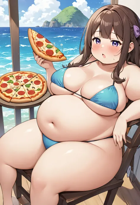 girl、Big eater、Very obese、Sitting in a chair、背景sea、I can&#39;t stand up、Big belly、Stomach bread bread、Not pregnant、Pizza on my stomach、Costumes watered（bikini）sea、（Round face）、Being chubby、He looks like he&#39;s in pain.