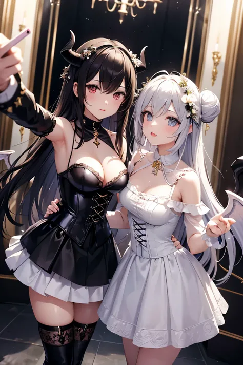 Two identical twin sisters, cosplaying as an angel and a succubus, are taking a selfie in a dreamy, ethereal setting. The angelic sister is wearing a vintage-inspired white lace dress with a flowing skirt and a delicate, off-the-shoulder neckline. Her wing...