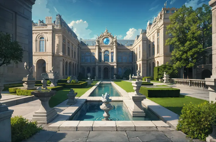 photorealistic, masterpiece, best quality, a grand baroque-style french palace with sprawling formal gardens, marble statues, an...