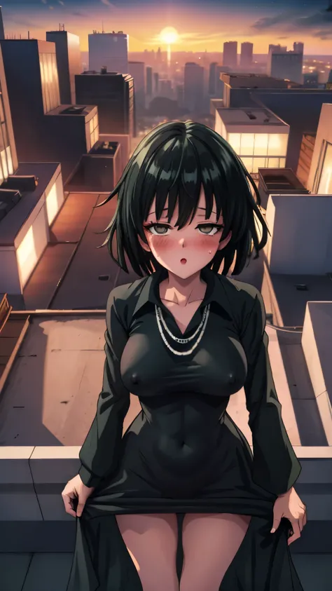 （（super high quality,））（（Ultra-high resolution,））（16k,）（super masterpiece,）（（Ultra HD ,））（Detailed shading,）Shooting from a little above,Looking straight at the camera,Photo from thigh up,Rooftop with a night view,One sexy woman,Short black hair,Hair lifte...