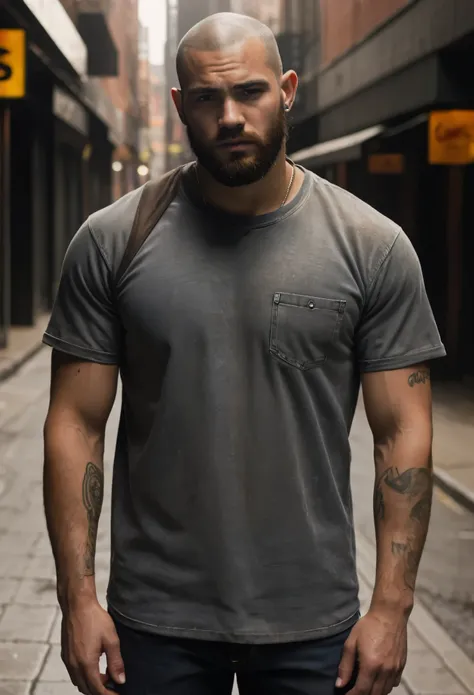 The man is now standing in a dimly lit alley between tall urban buildings. Neon lights from a distant bar reflect on the wet pavement, and the air is thick with mist. His denim jacket and white shirt blend into the gritty, urban surroundings, but his pierc...