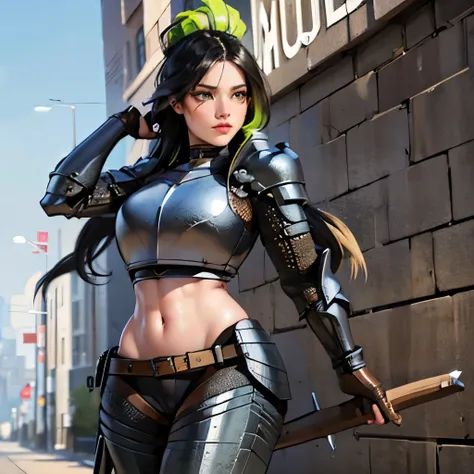 1 female, black hair with green highlights, valkyrie, full dark armor, double big axe. green eyes