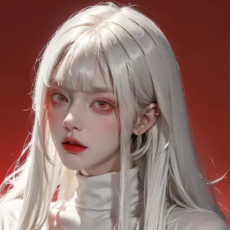 analog style, red eyes, white straight hair with straight bangs, red turtleneck , feminine, female, sexy, beautiful, badass, loo...