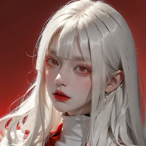 Analog style, RED eyes, white straight hair with straight bangs, red turtleneck , feminine, female, sexy, beautiful, BADASS, looks evil, cool, female fatale, ethereal , red background, Evil, menacingly , siren eyes, piercing eyes, intimidating , matured