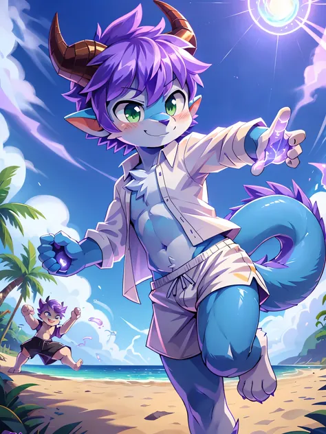 score_9,score_8_up,score_7_up, source_cartoon, source_furry, dragon boy, horns, green eyes, tail, purple hair, shota, furry, blu...