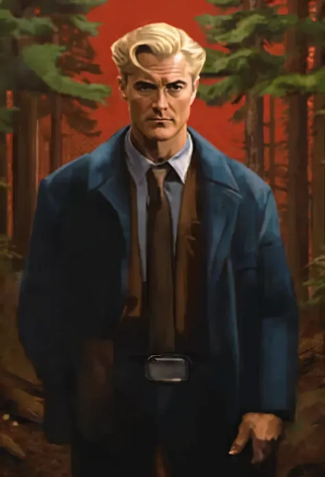 painting of a man in a suit and tie standing in a forest, twin peaks art, twin peaks poster artwork, twin peaks poster art, twin peaks movie poster art, dale cooper, agent cooper, twin peaks movie poster, twin peaks style, portrait of doc savage, clean fro...