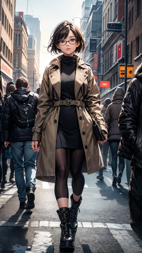 A detailed, realistic cityscape with a wheelchair user walking down the street, surrounded by many onlookers. The wheelchair user has dark hair, glasses, and a scared expression. She is wearing winter clothes, including a trench coat, tights, and lace-up b...