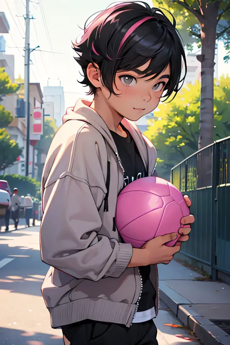 (digital art), (masterpiece), (best quality), child, playing with ball, short cut hair, black hair with pink streaks, grey eyes, cute, casual clothing, boy, park background, black pink hair