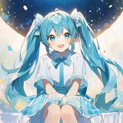 alone, good looking, watercolor,
1. woman,
hatsune miku、smile、Sitting、Open your mouth、Particles of light、Observe the audience、Look at this, twin tail, Blue Hair/Light blue hair,