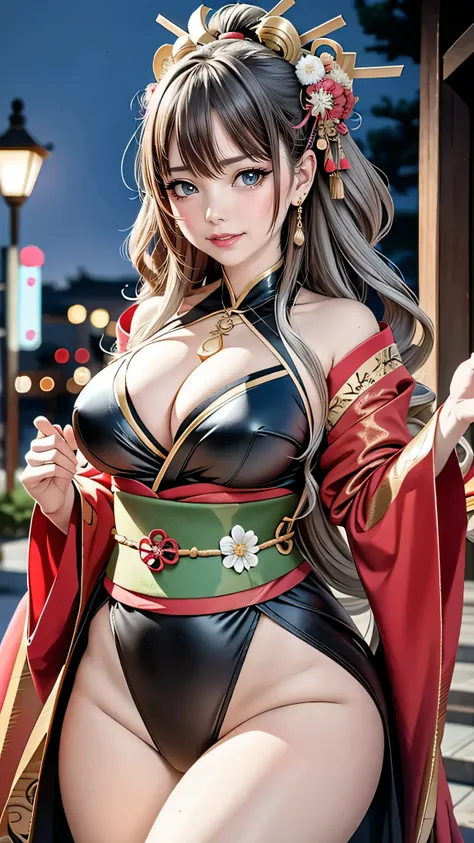 Draw a new depiction of an anime girl with a perfect hourglass figure, gray hair, And the brown skin of Japanese people, Express yourself in a different and unique way, dynamic pose. she is wearing a kimono, Elegantly designed to highlight her curves and g...