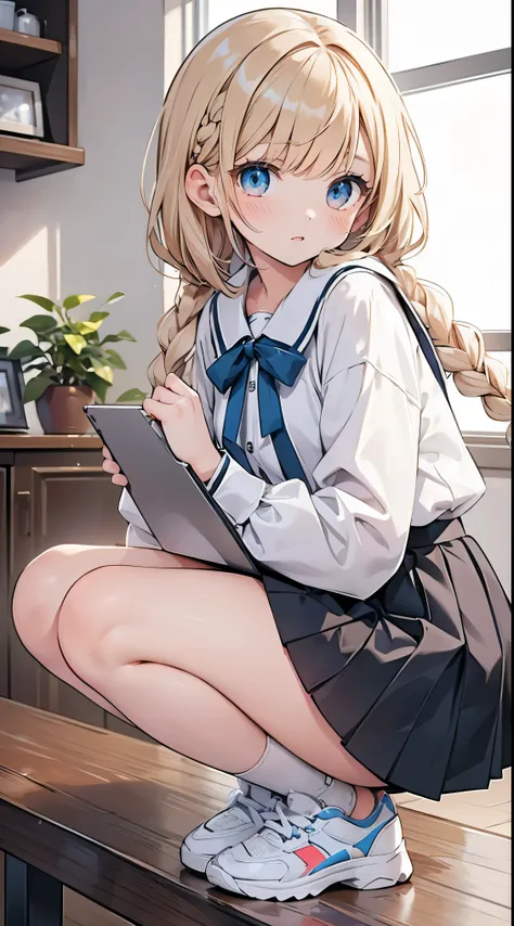 Sitting anime girl,(Browsing Caution:0.99)、((Braided Hair))、 Absurd beauty,beautiful girl, (Roll up your skirt), Looking into the camera, Angle from below, Short skirt, Squat, Beautiful Skin, ((Best Quality, 16k, Tabletop: 1.3)), 1 girl, The light shines o...