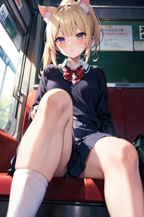 Masterpiece, (Closeup:1.6), A beautiful girl  sitting in train , (Hold legs:1.2), (School uniform:1.3), High resolution, ponytail, chest, blush, blonde, Cat ear, Blurred, (From below:1.3), 