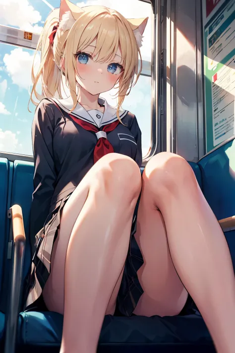 Masterpiece, (Closeup:1.6), A beautiful girl  sitting in train , (split legs:1.2), (summer School uniform:1.3), High resolution, ponytail, chest, blush, blonde, Cat ear, Blurred, (From below:1.3), 