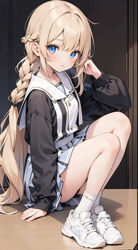 Sitting anime girl,(Browsing Caution:0.99)、((Braided Hair))、 Absurd beauty,beautiful girl, (Roll up your skirt), Looking into the camera, Angle from below, Short skirt, Squat, Beautiful Skin, ((Best Quality, 16k, Tabletop: 1.3)), 1 girl, The light shines o...