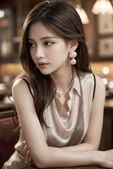 masterpiece, Best Quality, Realistic, Very detailed, Subtle details, High resolution, 8K wallpaper, Beautiful woman, Please wear a pearl-colored silk shirt., In a great restaurant, At night, Light brown messy hair, Perfect dynamic composition, Beautiful be...