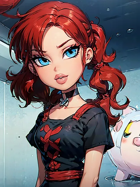 Ranma Saotome. red hair. Blue eyes. pigtail. choker. black eyeliner. tshirt
