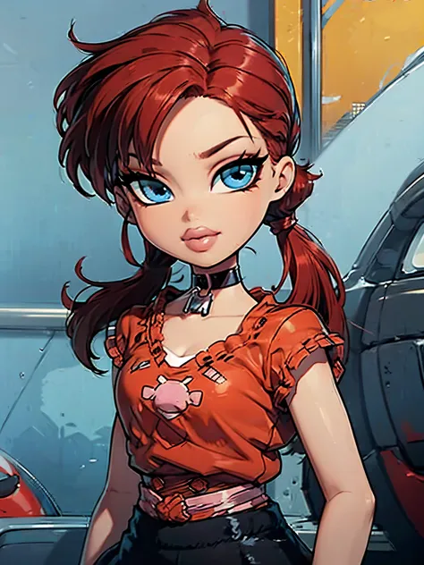 ranma saotome. red hair. blue eyes. pigtail. choker. black eyeliner. tshirt