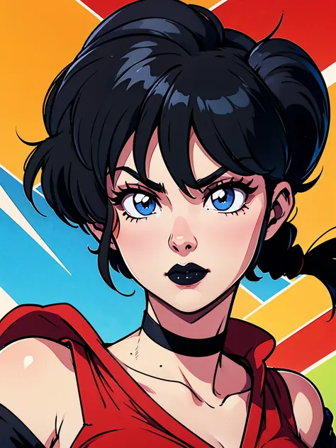 ranma saotome. black hair. blue eyes. black lips. pigtail. choker. black eyeliner. tshirt. shoulder portrait