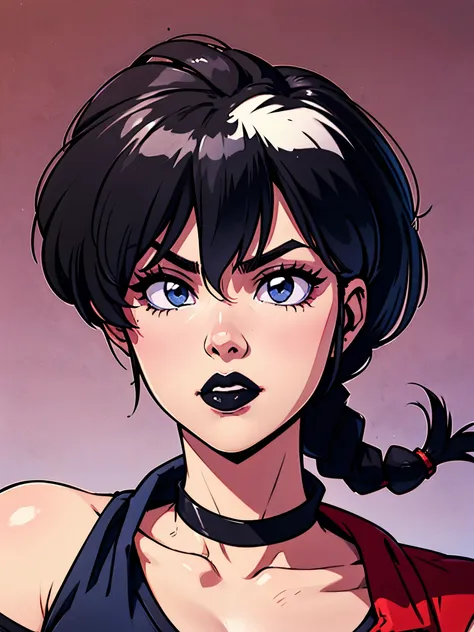 ranma saotome. black hair. blue eyes. black lips. pigtail. choker. black eyeliner. tshirt. shoulder portrait