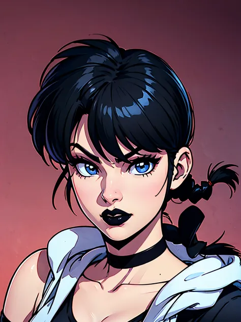 ranma saotome. black hair. blue eyes. black lips. pigtail. choker. black eyeliner. tshirt. shoulder portrait