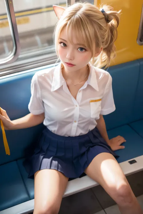 Masterpiece, (Close up:2.0), A beautiful girl  sitting in train , (split legs:1.2), (summer School uniform:1.3), (Plump breast:1.2), (Blushed face:1.2), (Light Blonde hair:1.2), ponytail, Cat ear, (From top view:1.6), 